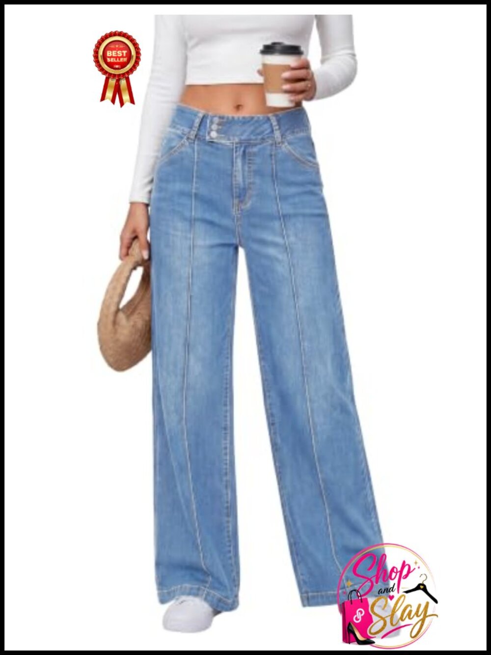 Women Wide Leg Stretchy Jeans Mid Rise Button Fly Denim Pants Loose Fit